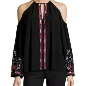 Parker Adelise Embroidered Blouse Cold Shoulder Halter Bell Sleeve Medium EUC